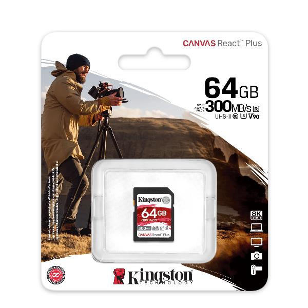 Image of Kingston Technology 64GB Canvas React Plus SDXC UHS-II 300R/260W U3 V90 for Full HD/4K/8K 074