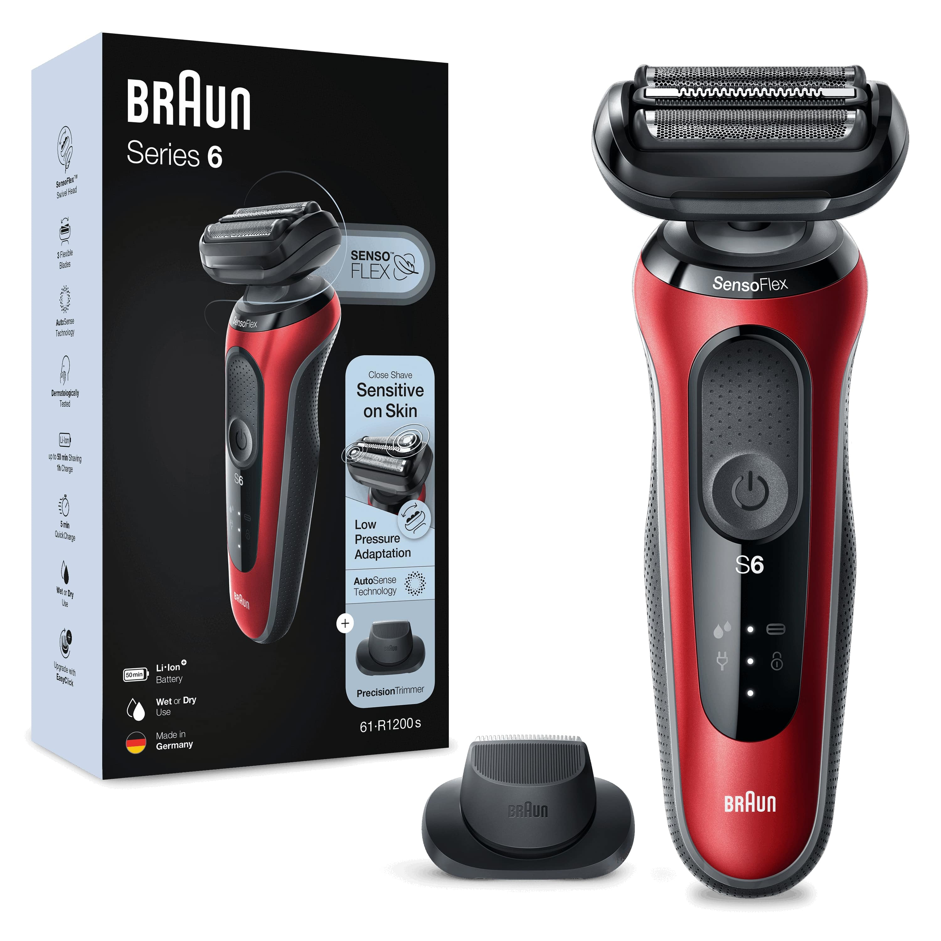 Image of Braun Series 6 61-R1200s Rasoio Elettrico Uomo Con Accessorio Rifinitore Di Precisione EasyClick, SensoFlex, Wet&Dry, Ricaricabile, Rasoio A Lamina Senza Fili, Rosso 074