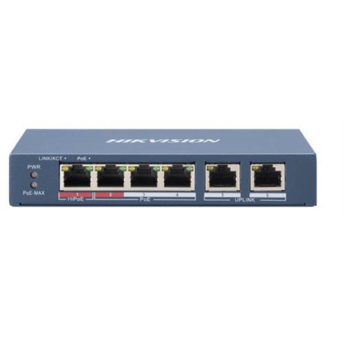 Image of SWITCH HIKVISION L2, Unmanaged, 4 10/100M RJ45 PoE ports, 2 10/100M RJ45 uplink ports, 802.3af/at/bt, port 1 support Hi-PoE 60w 074