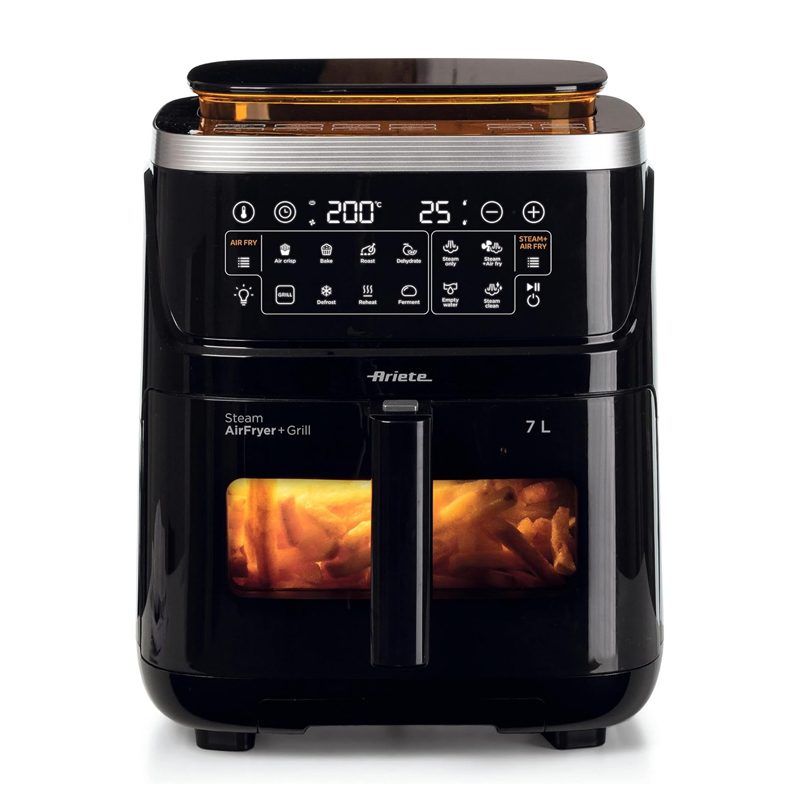 Image of Ariete 4636 Friggitrice ad aria con funzione vapore+ Grill, 1700W, Funzione essiccazione, 10 funzioni di cottura, Cestello trasparente, Timer, Luce interna, Nero 074