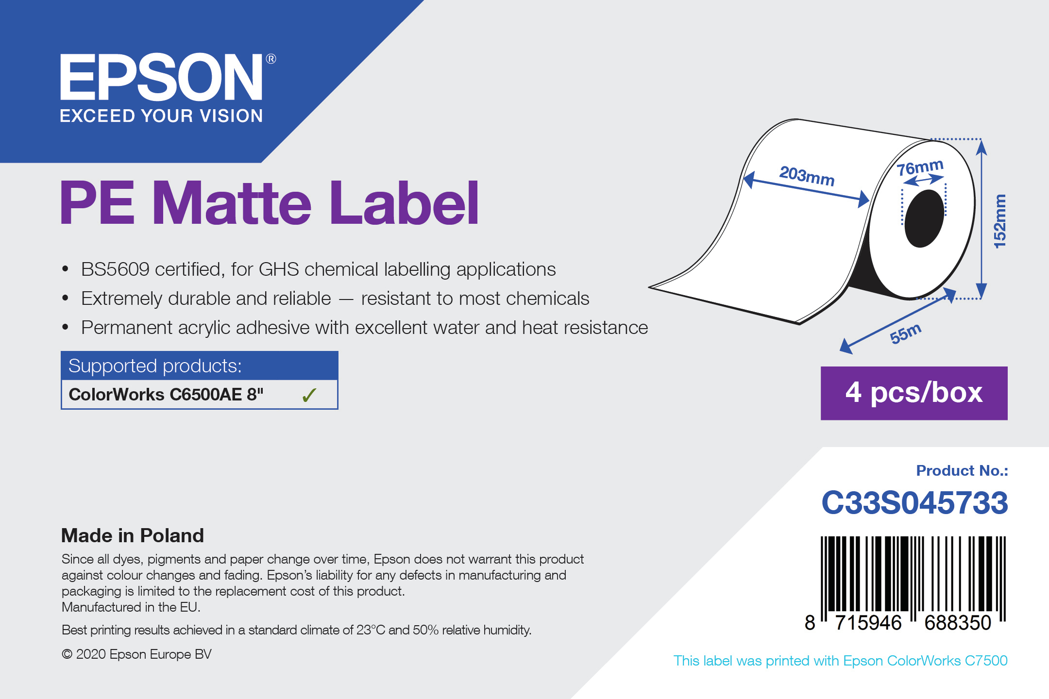 Image of Epson PE Matte Label - Continuous Roll: 203mm x 55m 074