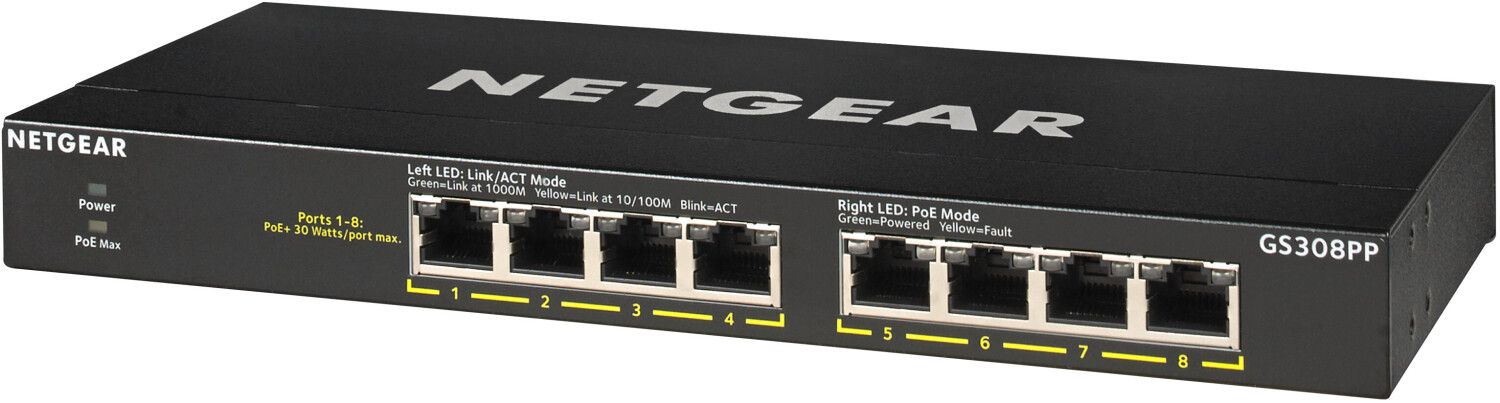 Image of NETGEAR GS308PP Non gestito Gigabit Ethernet (10/100/1000) Supporto Power over Ethernet (PoE) Nero 074