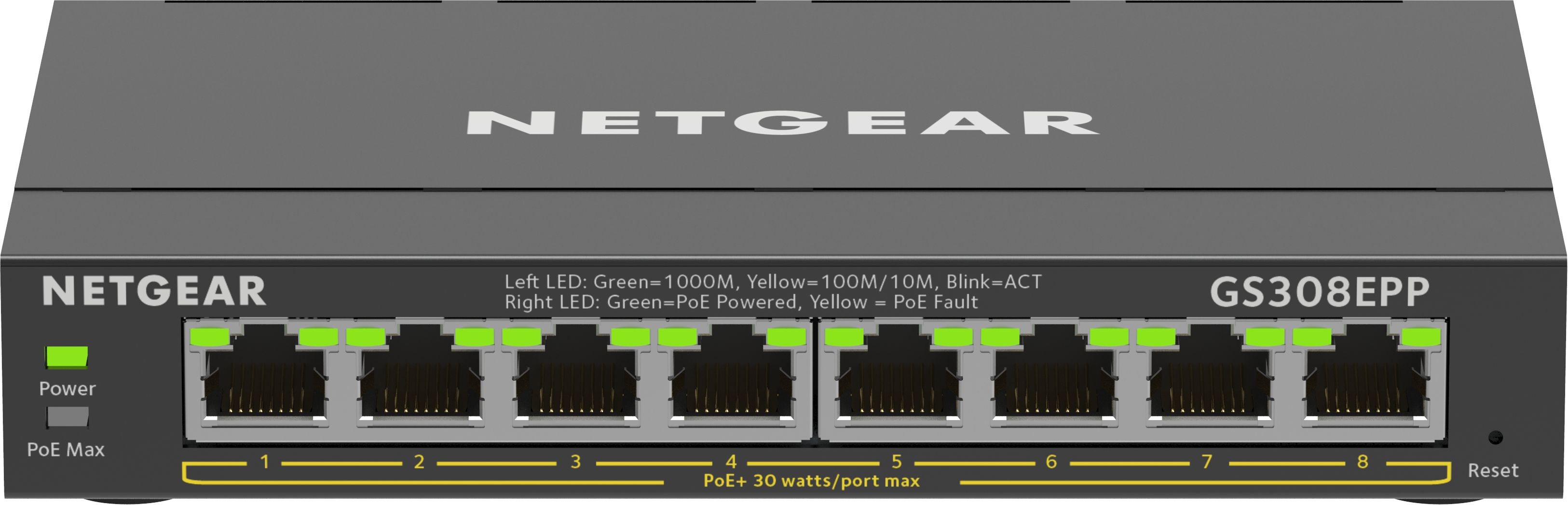 Image of NETGEAR 8-Port Gigabit Ethernet High-Power PoE+ Plus Switch (GS308EPP) Gestito L2/L3 Gigabit Ethernet (10/100/1000) Supporto Power over Ethernet (PoE) Nero 074