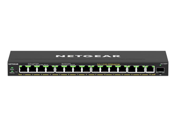 Image of NETGEAR 16-Port High-Power PoE+ Gigabit Ethernet Plus Switch (231W) with 1 SFP port (GS316EPP) Gestito Gigabit Ethernet (10/100/1000) Supporto Power over Ethernet (PoE) Nero 074