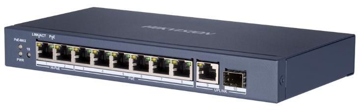 Image of HIKVISION SWITCH 10-PORT GIGABIT UNMANAGED HI-POE SWITCH 8 GIGABIT RJ45 POE PORTS, 1 GIGABIT RJ45, 1 074