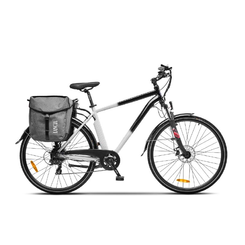 Image of LANCIA ESTRO (LN-BI-220002) CITY E-BIKE (NERO/BIANCA) - BICICLETTA ELETTRICA - RUOTE 28X1.50 - MOTORE BAFANG 250W 36V - BATTERIA 36V 10.4AH - TELAIO IN ALLUMINIO - FORCELLA AMMORTIZZATA - AUTONOMIA FINO AD 70KM - Borse laterali posteriori incluse 074