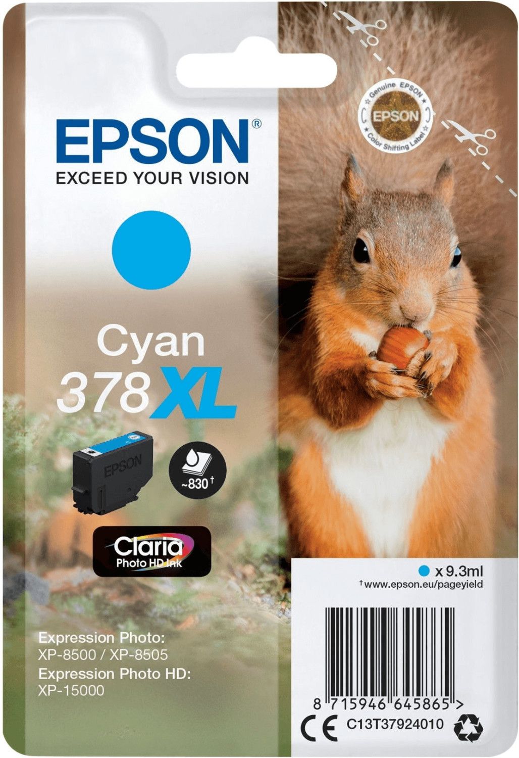 Image of Epson Squirrel Singlepack Cyan 378XL Claria Photo HD Ink 074