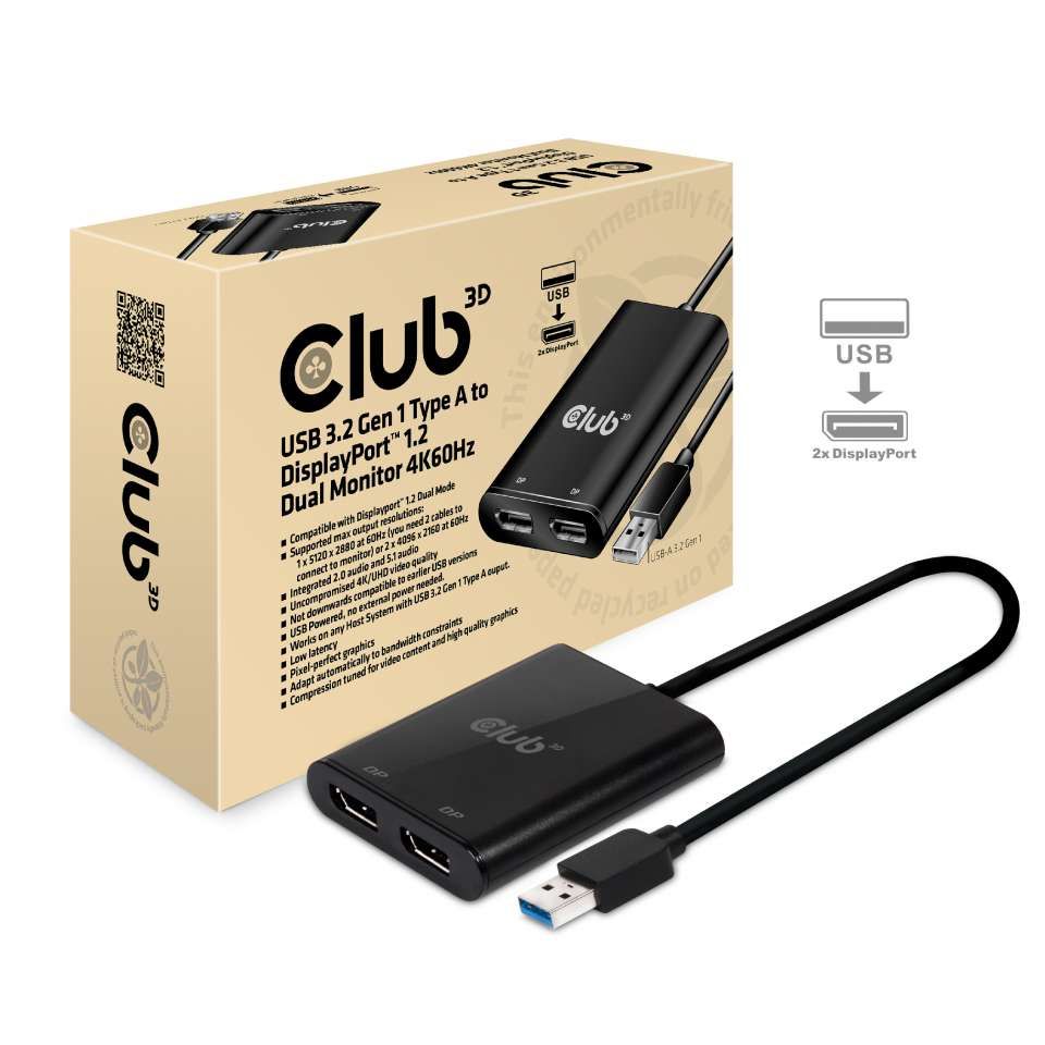 Image of CLUB3D USB3.2 Gen1 Type A to DisplayPort™1.2 Dual Monitor 4K60Hz Video Splitter 074